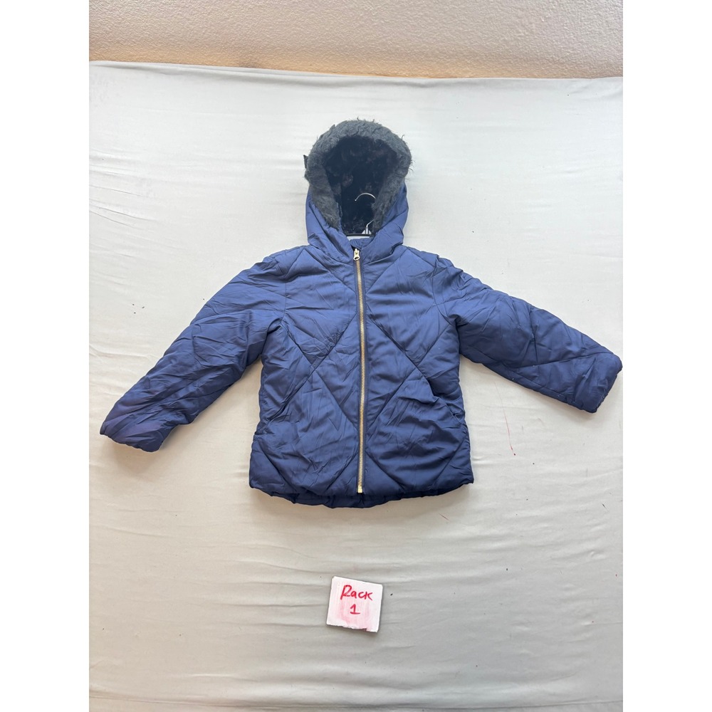 Old Navy Girls Navy Blue Diamond Quilted Puffer Jacket Faux Fur Hood Size S 6-7